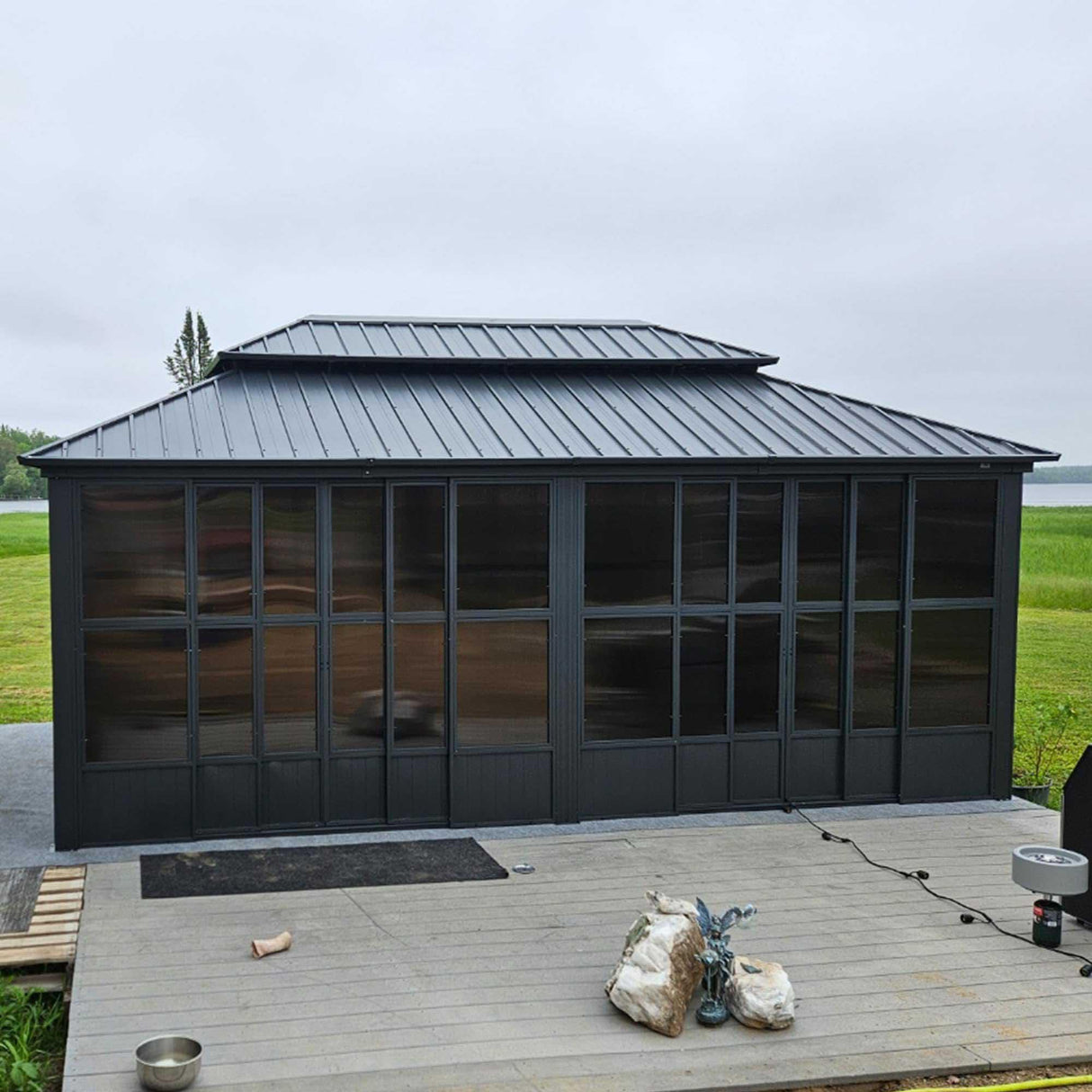PURPLE LEAF Sunroom Hardtop Gazebo Solarium Grey Galvanized Steel Double Roof All-Weather Aluminum Outdoor Screen House