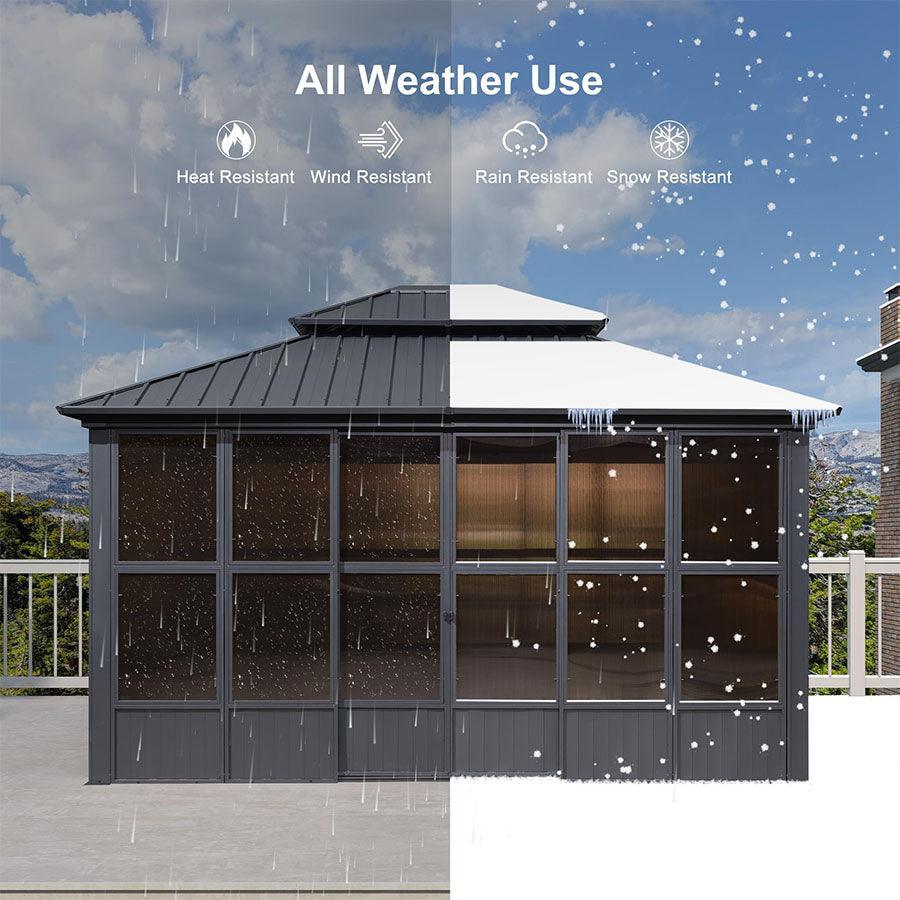 PURPLE LEAF Sunroom Hardtop Gazebo Solarium Grey Galvanized Steel Double Roof All-Weather Aluminum Outdoor Screen House