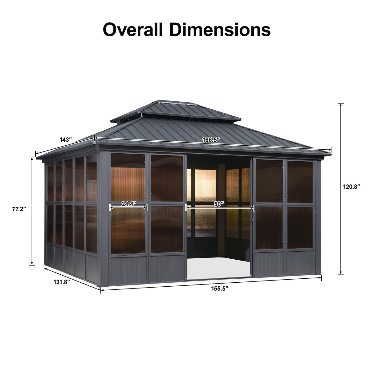PURPLE LEAF Sunroom Hardtop Gazebo Solarium Grey Galvanized Steel Double Roof All-Weather Aluminum Outdoor Screen House
