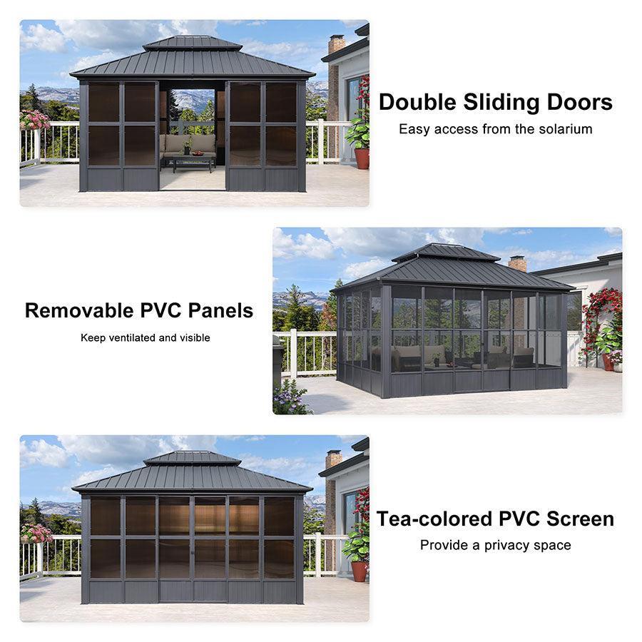 PURPLE LEAF Sunroom Hardtop Gazebo Solarium Grey Galvanized Steel Double Roof All-Weather Aluminum Outdoor Screen House