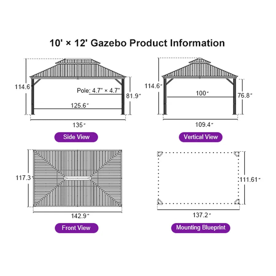 PURPLE LEAF Hardtop Gazebo for Patio Wood Grain Aluminum Frame Awning with String Lights-milky