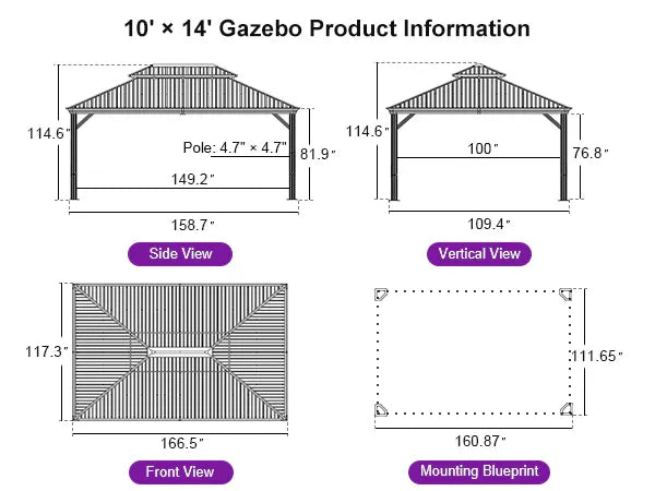 PURPLE LEAF Hardtop Gazebo for Patio Wood Grain Aluminum Frame Awning with String Lights-clear