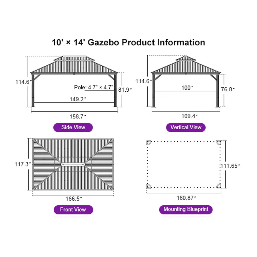 PURPLE LEAF Hardtop Gazebo for Patio Wood Grain Aluminum Frame Awning with String Lights-milky