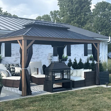 PURPLE LEAF Hardtop Gazebo for Patio Wood Grain Aluminum Frame Awning with Netting