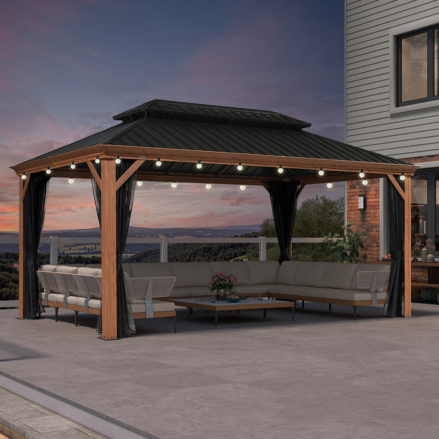 PURPLE LEAF Hardtop Gazebo for Patio Wood Grain Aluminum Frame Awning with String Lights-clear