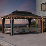 PURPLE LEAF Hardtop Gazebo for Patio Wood Grain Aluminum Frame Awning with String Lights-clear