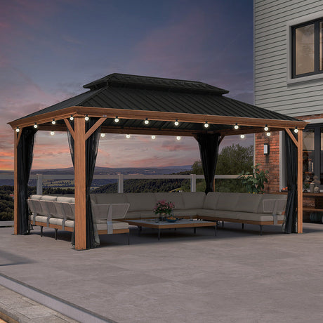 PURPLE LEAF Hardtop Gazebo for Patio Wood Grain Aluminum Frame Awning with String Lights-clear