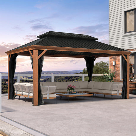 PURPLE LEAF Hardtop Gazebo for Patio Wood Grain Aluminum Frame Awning with Netting