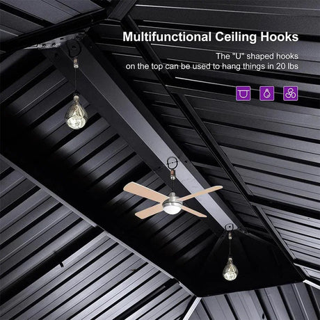 PURPLE LEAF Hardtop Gazebo for Patio Wood Grain Aluminum Frame Awning with String Lights-clear