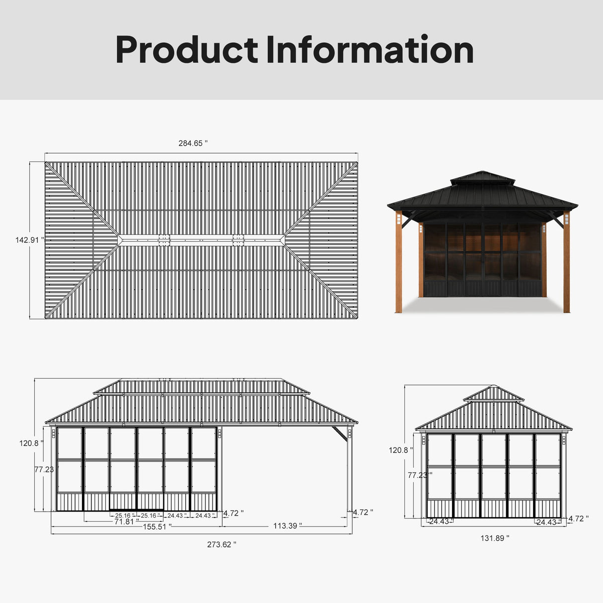 PURPLE LEAF Sunroom Hardtop Gazebo Solarium Grey Galvanized Steel Double Roof  All-Weather Aluminum Outdoor Screen House