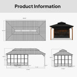 PURPLE LEAF Sunroom Hardtop Gazebo with Wood Grain Columns Black Frame Double Roof Galvanized Steel Solarium All-Weather Screen House