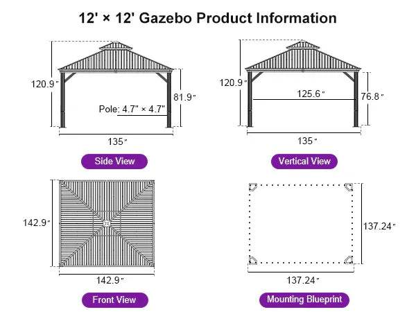 PURPLE LEAF Hardtop Gazebo for Patio Wood Grain Aluminum Frame Awning with String Lights-clear