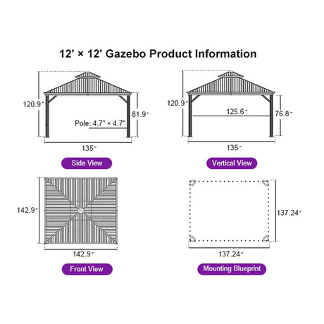 PURPLE LEAF Hardtop Gazebo for Patio Wood Grain Aluminum Frame Awning with String Lights-clear