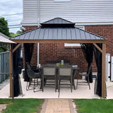 PURPLE LEAF Hardtop Gazebo for Patio Wood Grain Aluminum Frame Awning with Netting