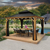 PURPLE LEAF Hardtop Gazebo for Patio Wood Grain Aluminum Frame Awning with String Lights-clear