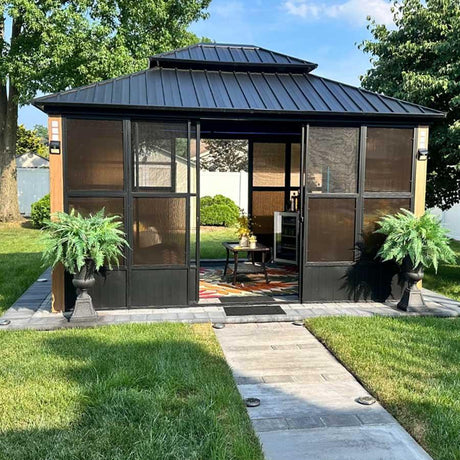 PURPLE LEAF Sunroom Hardtop Gazebo with Wood Grain Columns Black Frame Double Roof Galvanized Steel Solarium All-Weather Screen House