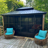 PURPLE LEAF Sunroom Hardtop Gazebo with Wood Grain Columns Black Frame Double Roof Galvanized Steel Solarium All-Weather Screen House