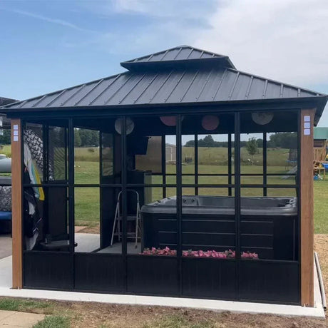 PURPLE LEAF Sunroom Hardtop Gazebo with Wood Grain Columns Black Frame Double Roof Galvanized Steel Solarium All-Weather Screen House
