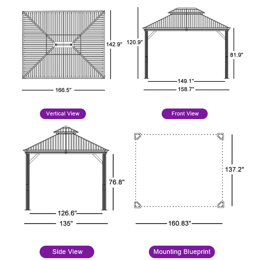 PURPLE LEAF Hardtop Gazebo for Patio Wood Grain Aluminum Frame Awning with String Lights-milky