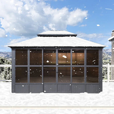 PURPLE LEAF Sunroom Hardtop Gazebo Solarium Grey Galvanized Steel Double Roof  All-Weather Aluminum Outdoor Screen House