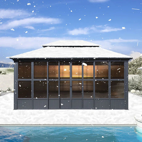 PURPLE LEAF Sunroom Hardtop Gazebo Solarium Grey Galvanized Steel Double Roof  All-Weather Aluminum Outdoor Screen House