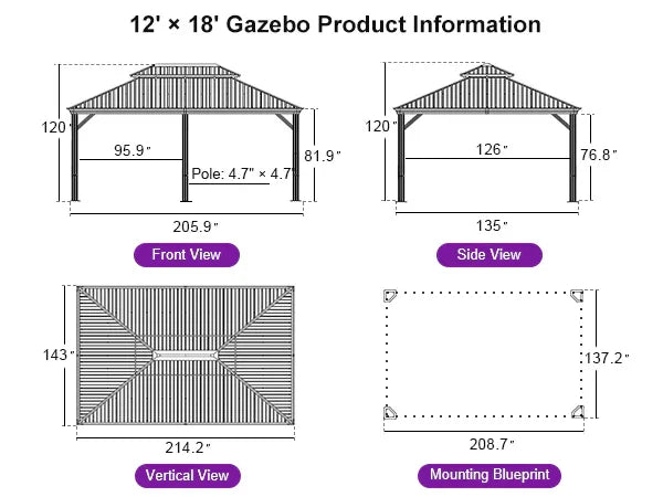PURPLE LEAF Hardtop Gazebo for Patio Wood Grain Aluminum Frame Awning with String Lights-clear
