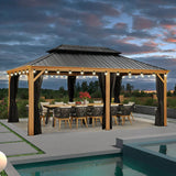PURPLE LEAF Hardtop Gazebo for Patio Wood Grain Aluminum Frame Awning with String Lights-clear