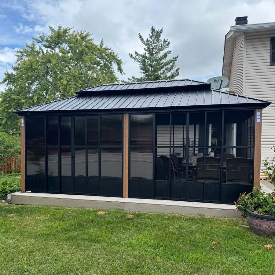 PURPLE LEAF Sunroom Hardtop Gazebo with Wood Grain Columns Black Frame Double Roof Galvanized Steel Solarium All-Weather Screen House