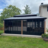 PURPLE LEAF Sunroom Hardtop Gazebo with Wood Grain Columns Black Frame Double Roof Galvanized Steel Solarium All-Weather Screen House