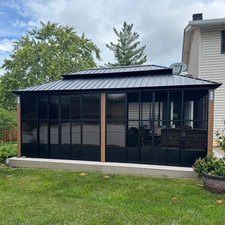 PURPLE LEAF Sunroom Hardtop Gazebo with Wood Grain Columns Black Frame Double Roof Galvanized Steel Solarium All-Weather Screen House