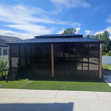 PURPLE LEAF Sunroom Hardtop Gazebo with Wood Grain Columns Black Frame Double Roof Galvanized Steel Solarium All-Weather Screen House