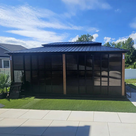 PURPLE LEAF Sunroom Hardtop Gazebo with Wood Grain Columns Black Frame Double Roof Galvanized Steel Solarium All-Weather Screen House