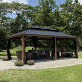 PURPLE LEAF Hardtop Gazebo for Patio Wood Grain Aluminum Frame Awning with Netting