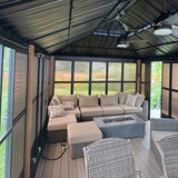 PURPLE LEAF Sunroom Hardtop Gazebo with Wood Grain Columns Black Frame Double Roof Galvanized Steel Solarium All-Weather Screen House