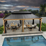 PURPLE LEAF Hardtop Gazebo for Patio Wood Grain Aluminum Frame Awning with String Lights-clear