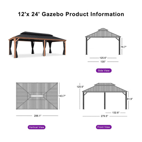 PURPLE LEAF Hardtop Gazebo for Patio Wood Grain Aluminum Frame Awning with String Lights-clear
