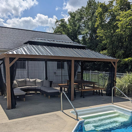 PURPLE LEAF Hardtop Gazebo for Patio Wood Grain Aluminum Frame Awning with Netting