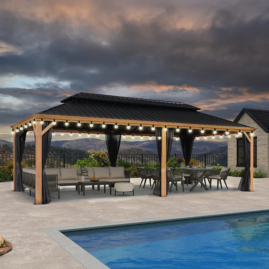PURPLE LEAF Hardtop Gazebo for Patio Wood Grain Aluminum Frame Awning with String Lights-clear