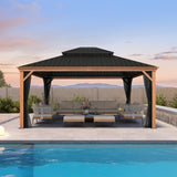 PURPLE LEAF Hardtop Gazebo for Patio Wood Grain Aluminum Frame Awning with Netting