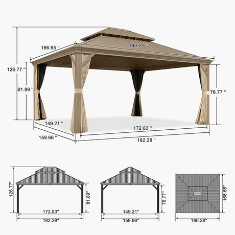 PURPLE LEAF Backyard Gazebo Champagne Hardtop Galvanized Steel Roof Awning and Upgrade Curtain with Lights-milky
