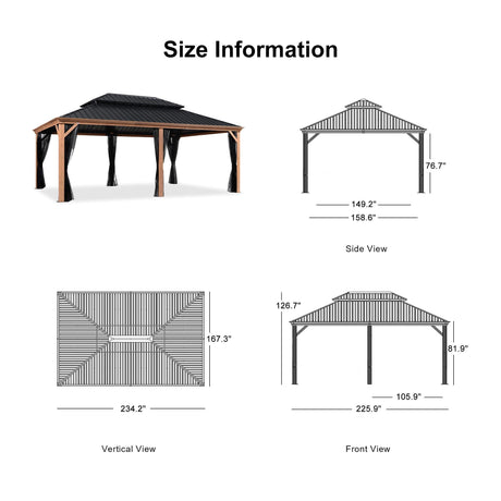 PURPLE LEAF Hardtop Gazebo for Patio Wood Grain Aluminum Frame Awning with Netting