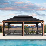 PURPLE LEAF Hardtop Gazebo for Patio Wood Grain Aluminum Frame Awning with Netting
