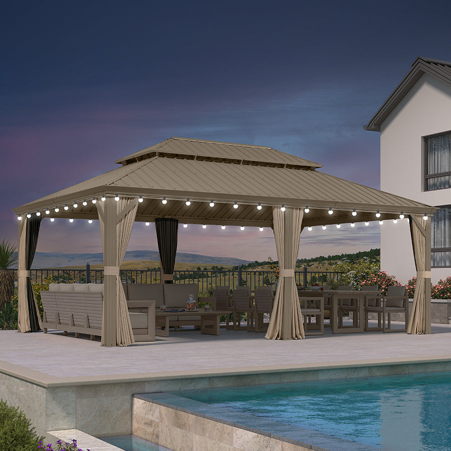 PURPLE LEAF Backyard Gazebo Champagne Hardtop Galvanized Steel Roof Awning and Upgrade Curtain with Lights-milky