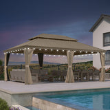 PURPLE LEAF Backyard Gazebo Champagne Hardtop Galvanized Steel Roof Awning and Upgrade Curtain with Lights-milky