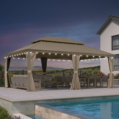 PURPLE LEAF Backyard Gazebo Champagne Hardtop Galvanized Steel Roof Awning and Upgrade Curtain with Lights-milky