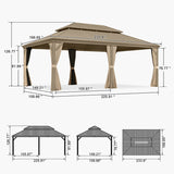 PURPLE LEAF Backyard Gazebo Champagne Hardtop Galvanized Steel Roof Awning and Upgrade Curtain with Lights-milky