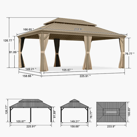 PURPLE LEAF Backyard Gazebo Champagne Hardtop Galvanized Steel Roof Awning and Upgrade Curtain with Lights-milky