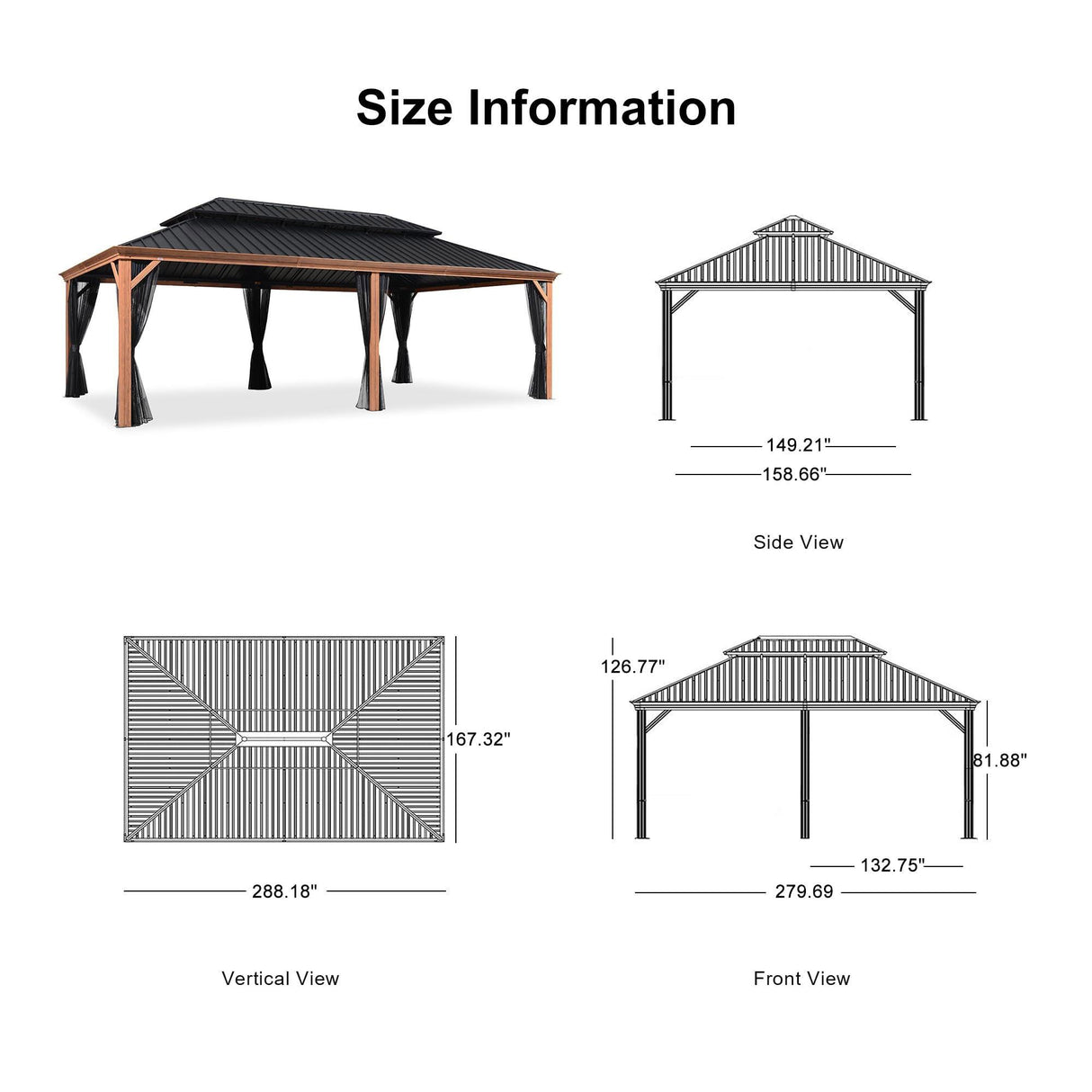 PURPLE LEAF Hardtop Gazebo for Patio Wood Grain Aluminum Frame Awning with Netting