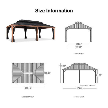 PURPLE LEAF Hardtop Gazebo for Patio Wood Grain Aluminum Frame Awning with Netting