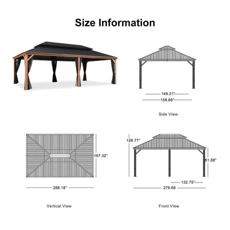PURPLE LEAF Hardtop Gazebo for Patio Wood Grain Aluminum Frame Awning with String Lights-clear